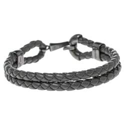 Pre Owned Bottega Veneta Grey Intrecciato Leather Sterling Silver Hook Bracelet S