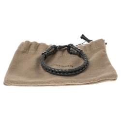 Pre Owned Bottega Veneta Grey Intrecciato Leather Sterling Silver Hook Bracelet S