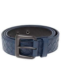Pre Owned Bottega Veneta Blue Intrecciato Leather Buckle Belt 105CM