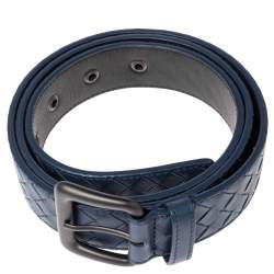 Pre Owned Bottega Veneta Blue Intrecciato Leather Buckle Belt 105CM