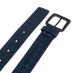 Pre Owned Bottega Veneta Blue Intrecciato Leather Buckle Belt 105CM