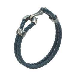 Pre Owned Bottega Veneta Blue Intrecciato Woven Leather Hook Bracelet M