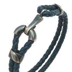 Pre Owned Bottega Veneta Blue Intrecciato Woven Leather Hook Bracelet M
