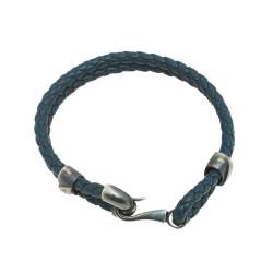 Pre Owned Bottega Veneta Blue Intrecciato Woven Leather Hook Bracelet M