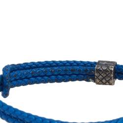 Pre Owned Bottega Veneta Blue Woven Leather Silver Adjustable Bracelet