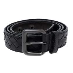 Bottega Veneta Black Intrecciato Leather Buckle Belt 90CM