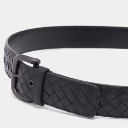 Bottega Veneta Black Intrecciato Leather Buckle Belt 