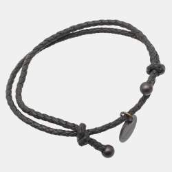 Bottega Veneta Grey Braided Leather Gunmetal Tone Adjustable Bracelet