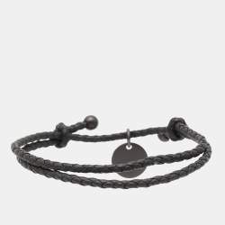 Bottega Veneta Grey Braided Leather Gunmetal Tone Adjustable Bracelet