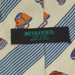 Pre Owned Bottega Veneta Vintage Beige Striped Hat Pattern Silk Tie