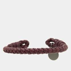 Pre Owned Bottega Veneta Intrecciato Nappa Leather Gunmetal Tone Open Cuff Bracelet M