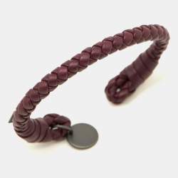 Pre Owned Bottega Veneta Intrecciato Nappa Leather Gunmetal Tone Open Cuff Bracelet M