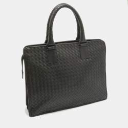 Pre Owned Bottega Veneta Dark Grey Intrecciato Leather Laptop Briefcase