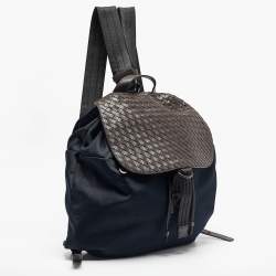 Bottega Veneta Navy Blue/Brown Intrecciato Leather and Nylon Flap Backpack