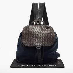 Bottega Veneta Navy Blue/Brown Intrecciato Leather and Nylon Flap Backpack