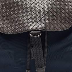 Bottega Veneta Navy Blue/Brown Intrecciato Leather and Nylon Flap Backpack