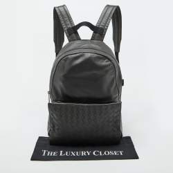 Pre Owned Bottega Veneta Grey Leather Intrecciato Pocket Backpack