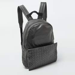 Pre Owned Bottega Veneta Grey Leather Intrecciato Pocket Backpack