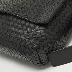 Bottega Veneta Black Intrecciato Leather Flap Messenger Bag