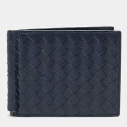 Bottega Veneta Navy Blue Intrecciato Leather Money Clip Bifold Wallet
