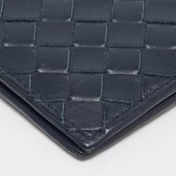 Bottega Veneta Navy Blue Intrecciato Leather Money Clip Bifold Wallet