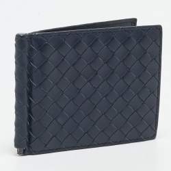 Bottega Veneta Navy Blue Intrecciato Leather Money Clip Bifold Wallet