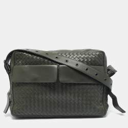 Bottega Veneta Green Intrecciato Leather Double Pocket Messenger Bag