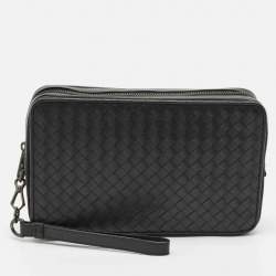 Bottega Veneta Black Intrecciato Leather Double Zip Wristlet Pouch