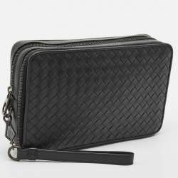 Bottega Veneta Black Intrecciato Leather Double Zip Wristlet Pouch