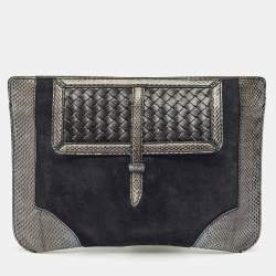 Bottega Veneta Midnight Blue/Black Snakeskin and Suede Flat Zip Pouch