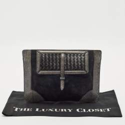 Bottega Veneta Midnight Blue/Black Snakeskin and Suede Flat Zip Pouch