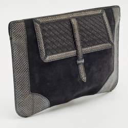 Bottega Veneta Midnight Blue/Black Snakeskin and Suede Flat Zip Pouch