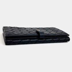 Pre Owned Bottega Veneta Black Leather Mesh Long Wallet