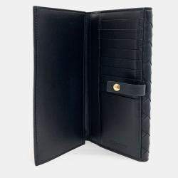 Pre Owned Bottega Veneta Black Leather Mesh Long Wallet