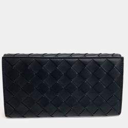 Pre Owned Bottega Veneta Black Leather Mesh Long Wallet