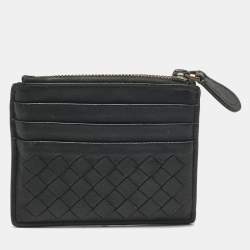 Pre Owned Bottega Veneta Black Intrecciato Leather Zip Card Holder