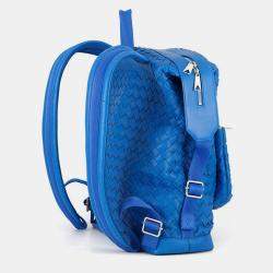 Pre Owned Bottega Veneta Intrecciato Backpack Blue Leather