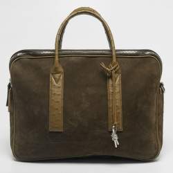 Pre Owned Bottega Veneta Neon Green Ostrich Leather and Suede Getaway Briefcase Bag