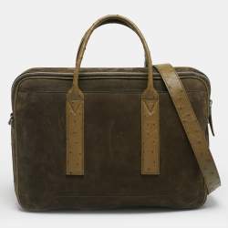 Pre Owned Bottega Veneta Neon Green Ostrich Leather and Suede Getaway Briefcase Bag