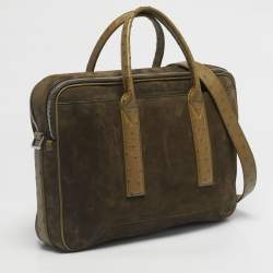 Pre Owned Bottega Veneta Neon Green Ostrich Leather and Suede Getaway Briefcase Bag