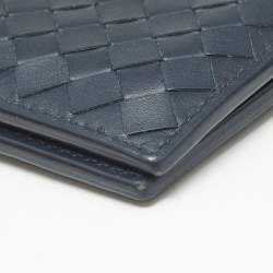 Pre Owned Bottega Veneta Navy Blue Intrecciato Leather Bifold Wallet
