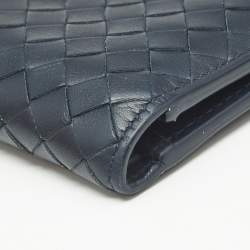 Pre Owned Bottega Veneta Navy Blue Intrecciato Leather Bifold Wallet