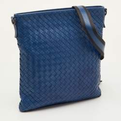 Pre Owned Bottega Veneta Blue Intrecciato Leather Messenger Bag