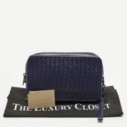 Pre Owned Bottega Veneta Navy Blue Intrecciato Leather Travel Zip Pouch