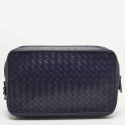 Pre Owned Bottega Veneta Navy Blue Intrecciato Leather Travel Zip Pouch