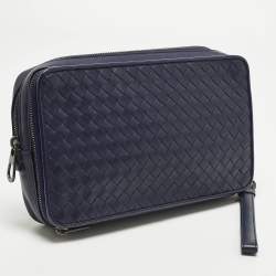 Pre Owned Bottega Veneta Navy Blue Intrecciato Leather Travel Zip Pouch