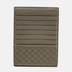 Pre Owned Bottega Veneta Beige Intrecciato Leather Zip Card Holder