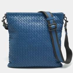 Pre Owned Bottega Veneta Blue/Black Intrecciato Leather Messenger Bag