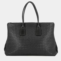 Pre Owned Bottega Veneta Intrecciato Snap Tote Bag Black Leather