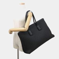 Pre Owned Bottega Veneta Intrecciato Snap Tote Bag Black Leather